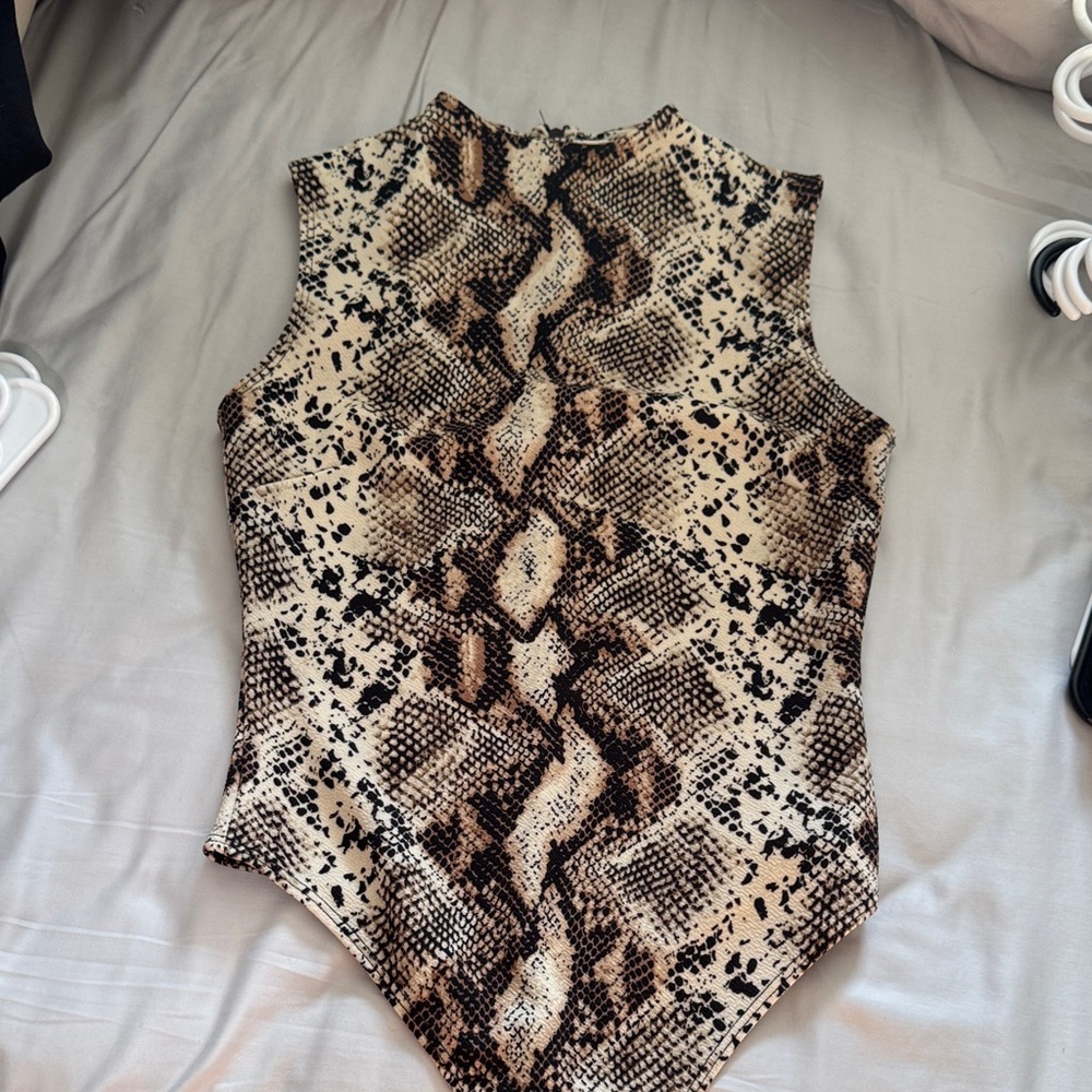 Naked Wardrobe Beige and Black Snakeskin Bodysuit
